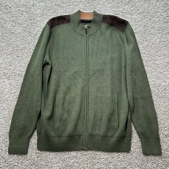 Roundtree & Yorke Sz L Green Full-Zip Ribbed Sweater With Suede Shoulder Patches - Picture 9 of 9